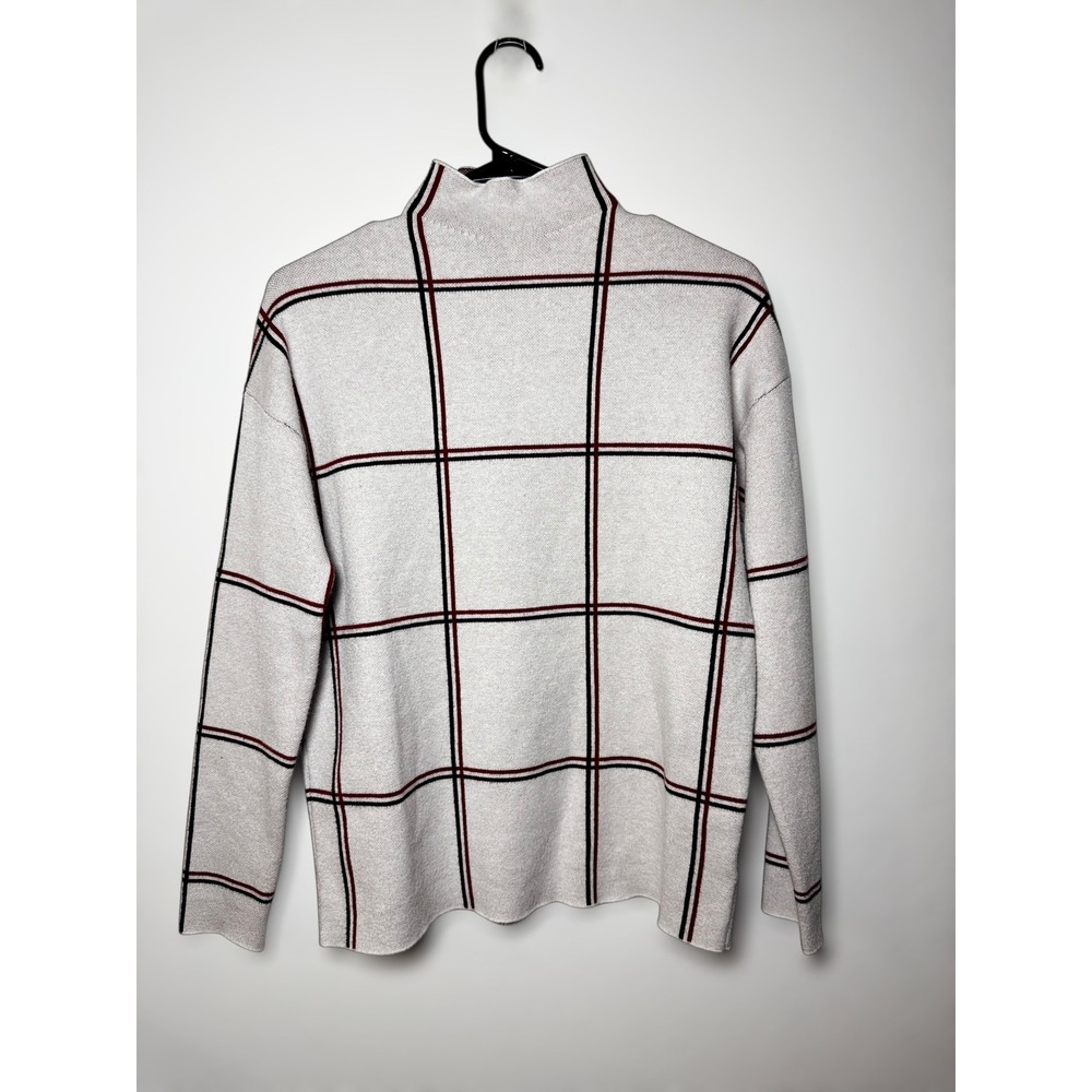 TAHARI Mock Neck Preppy Grid Plaid Long Sleeve Winter Knit Sweater Womens M